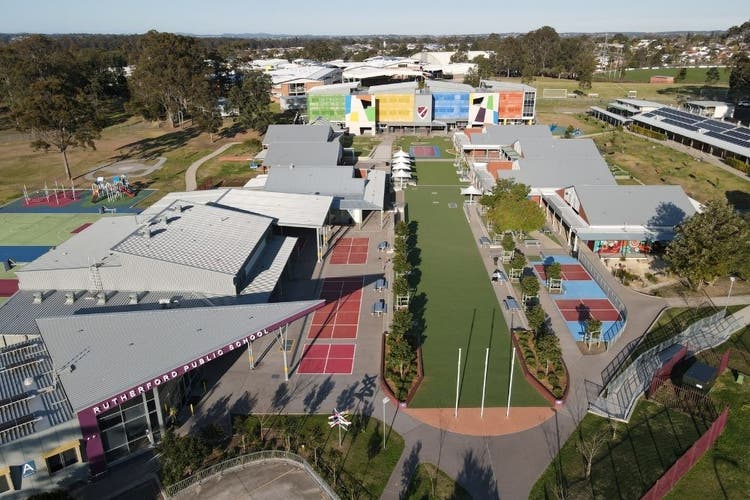 Aerial view of Rutherford Public School with the administration office in the foreground and K-block in the background.