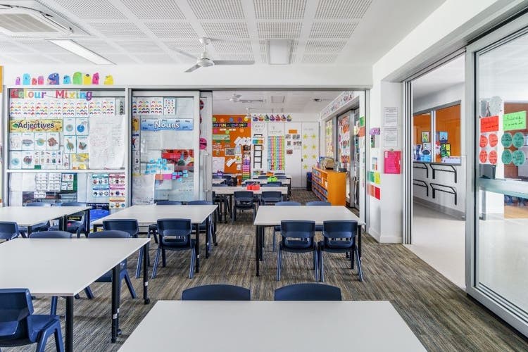 Internal area of a classroom with bright decorations.